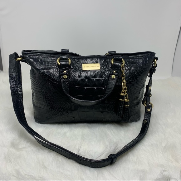 Brahmin Mini Asher Melbourne Embossed Leather Satchel Black - Picture 2 of 12